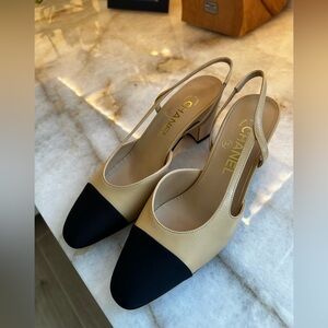 CHANEL Beige and Black Slingback Heels